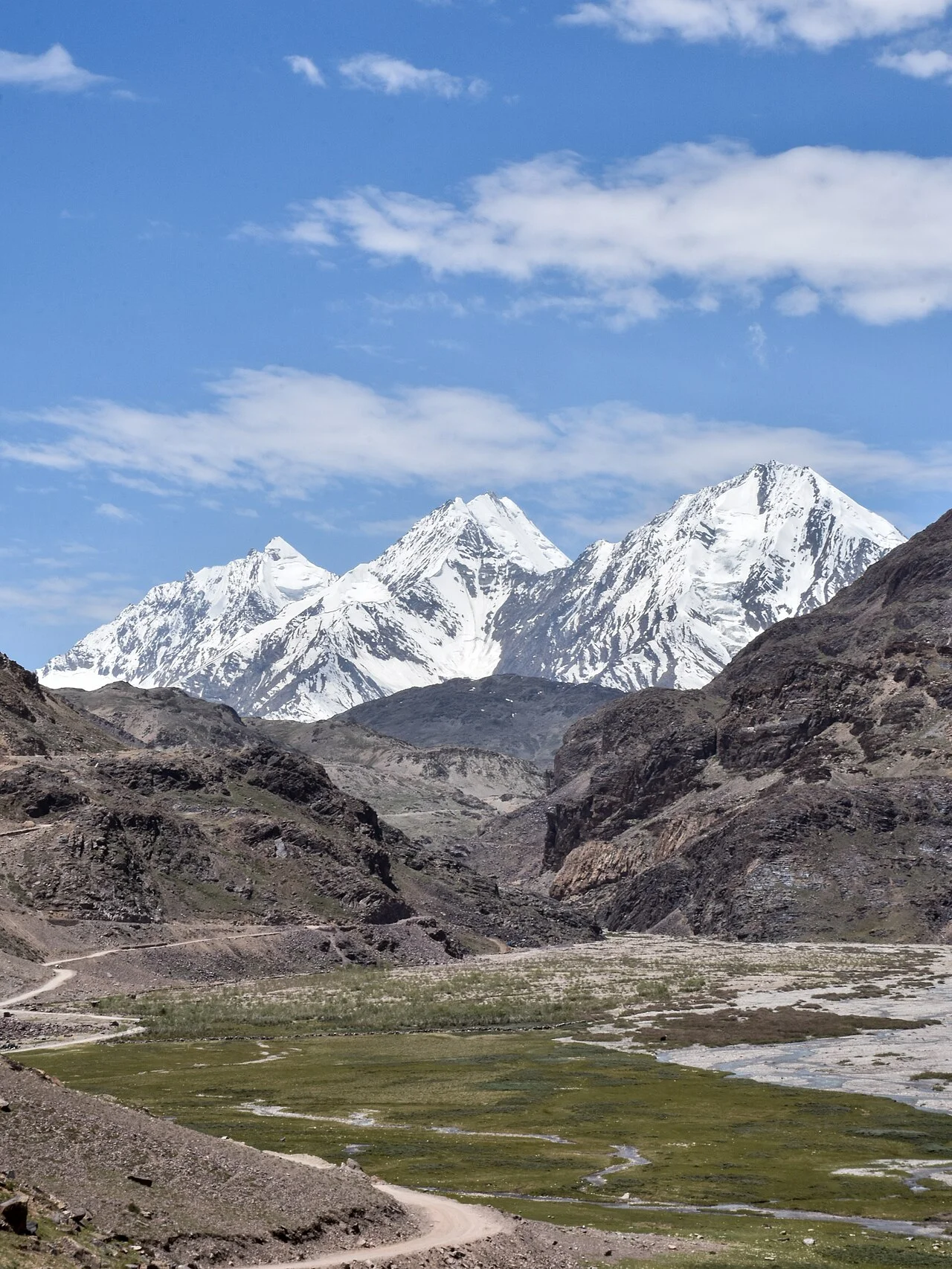 High Himalayan pass road switchbacks and mountain terrain