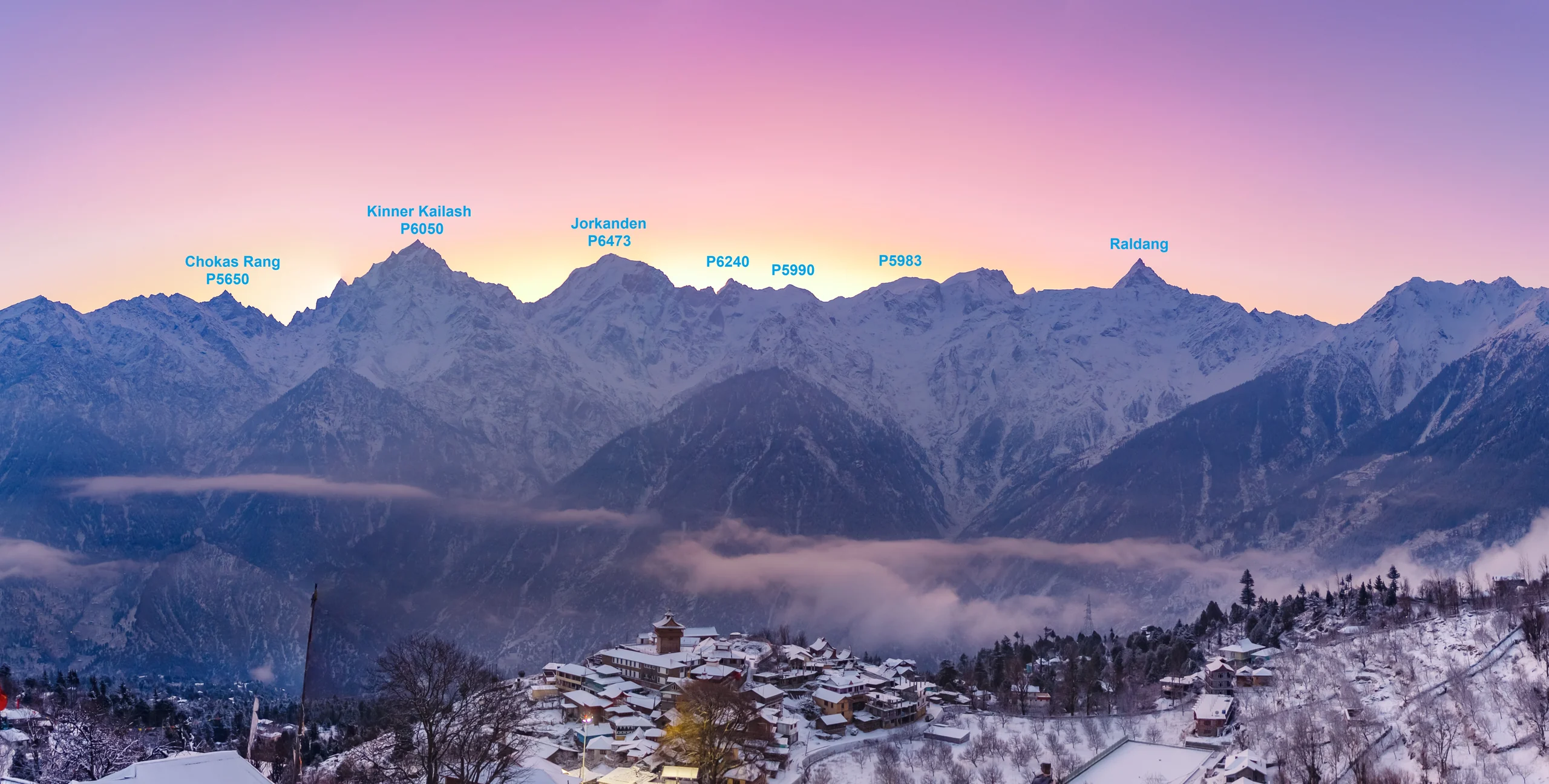Panoramic view of Kinner Kailash mountain range in Himachal Pradesh
